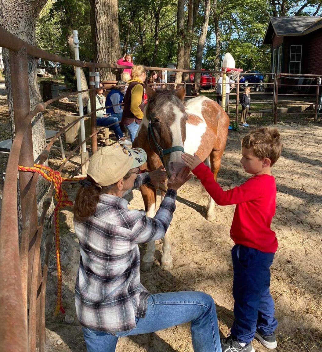 Young Boy petting a Horse Maureen teaching boy about a horse