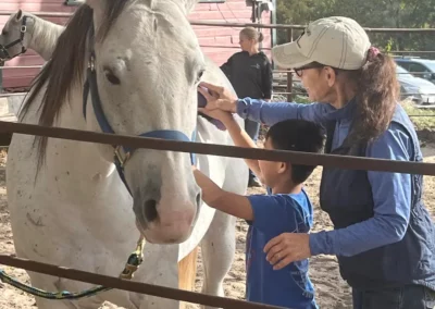 Leading a boy in grooming a horse on it's side.